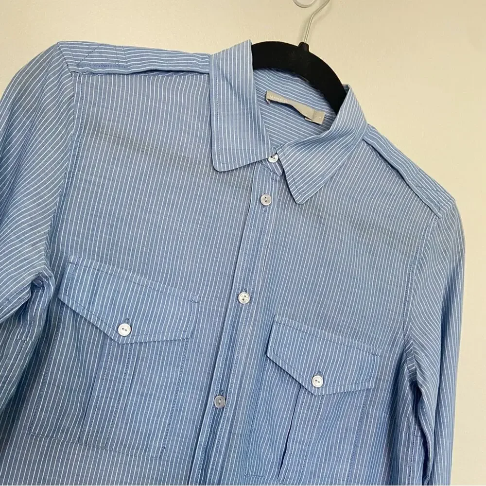 Vince Striped Button Up Double Pocket Cotton Blouse